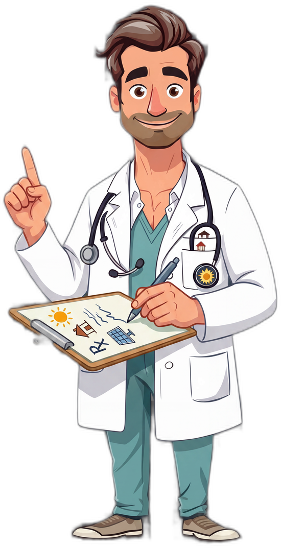 Mascota DoctorSol escribiendo una receta
